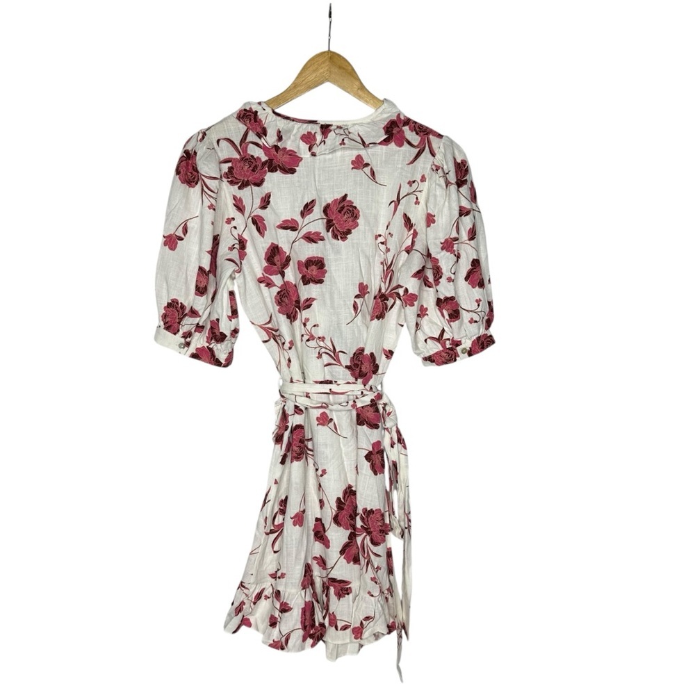 MISA Dress Small White Pink Thora Floral Ruffle Mini Wrap Abstract Peony  small - Picture 12 of 12